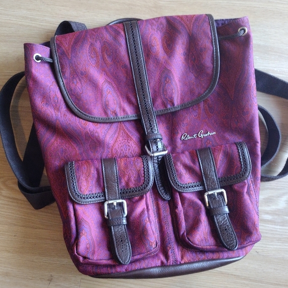 Robert Graham Stellen Rucksack Silk & Leather Backpack Paisley Red & Purple - Picture 8 of 13